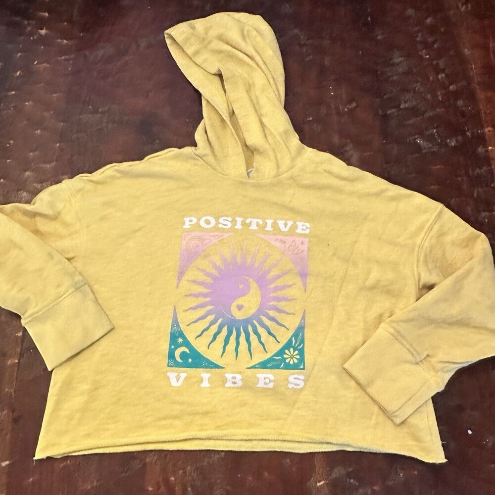 Kids Size Medium 8 Old Navy Positive Vibes Hoodie Yellow C13